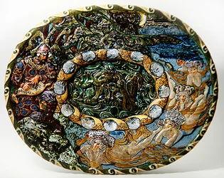 Piatto di maiolica raffigurante Sadko il pescatore