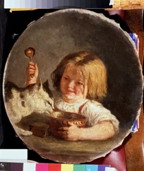 Colazione. Peinture de Mikhail Sergeyevich Bashilov (1821-1870). Olio su tela, 29 x 25,2 cm