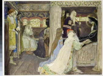 La morte del granduca Alessandro Nevskij (1220-1263). Opera di Mikhail Vasilyevich Nesterov (1862-1942), acquerello e gouache su carta