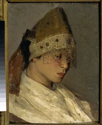 Una ragazza con un kokoshnik. Copricapo tradizionale alto delle donne russe, legato dietro con nastri, decorato davanti con perle e ricami. Dipinto di Mikhail Vasilyevich Nesterov (1862-1942)