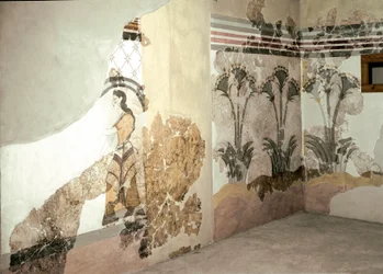 Arte minoica: «La donna con i gigli». Affresco di Akrotiri a Santorini. XVI secolo a.C. Atene, Museo Archeologico Nazionale