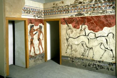 Arte minoica: «Animali e combattenti in lotta» - Affresco da Akrotiri a Santorini. XVI secolo a.C. Atene, Museo Archeologico Nazionale