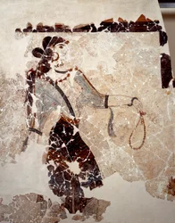 Civiltà minoica: donne in adorazione. (dettaglio) Affresco dal bacino lustrale di Xeste 3 ad Akrotiri (Thera), Santorini. Dim. 143x381 cm 16° secolo a.C. Santorini, Collezione di affreschi di Akrotiri a Thera