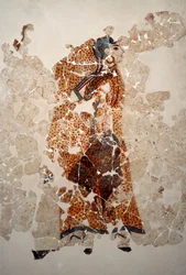 Civiltà minoica: donne in adorazione. (dettaglio). Affresco dal bacino lustrale di Xeste 3 ad Akrotiri (Thera), Santorini. Collezione di affreschi di Akrotiri a Thera
