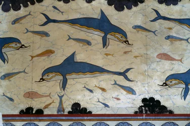 Megaron della Regina decorato con affreschi di delfini, Palazzo di Cnosso, Creta, Grecia, civiltà minoica