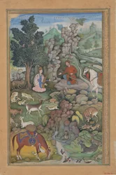 Bahram Gur vede un branco di cervi ipnotizzati dalla musica di Dilaram, foglio da..., 1597-98