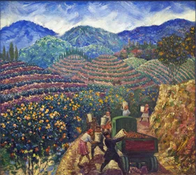 Il raccolto nel sovkhoz di Chakva di Beringov, Mitrofan Mikhaylovich (1986-1937). Olio su tela, dimensioni: 114x128
