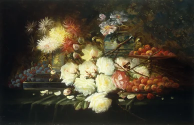 Natura morta con rose, crisantemi, uva e fragole