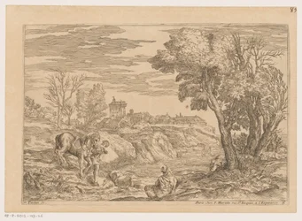 Paesaggio con uomo a cavallo che attraversa un fiume