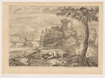 Paesaggio con pastore a riposo, sullo sfondo un fiume con ponte e mulino ad acqua (Paesaggi da Tiziano)
