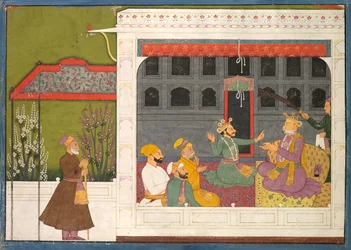 Shispul che Discute con il Padre di Rukmini, Bhishmaka, pagina da una serie di Rukmini Mangal, c. 1800