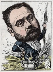Ritratto di Emile Zola (1840-1902) scrittore francese in "Le Trombinoscope" di Touchatout, caricatura di B. Moloch del 1882. Collezione privata