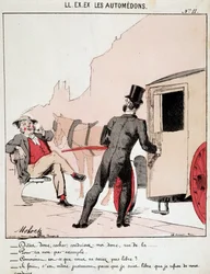 HE. EX. EX. Motoredons: Caricatura del trasporto in città. Un borghese chiede a un cocchiere di portarlo in una strada e si sorprende che rifiuti poiché è libero gli chiede perché. Il conducente dice che è proprio perché è libero di scegliere che rifiuta