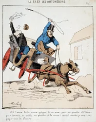 HE. EX. EX. Motoredons: Caricatura del trasporto in città. Un cocchiere conduce un borghese a tutta velocità in città con il pretesto che si rifiuta di pagarlo in tempo ma vuole pagarlo per la corsa. Disegno di Moloch (1849-1909), intorno al 1860