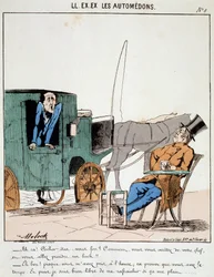 HE. EX. EX. Motoredons: Caricatura del trasporto in città. Un cocchiere paga in tempo si ferma in un caffè per prendere una birra sotto gli sguardi dei borghesi che trasporta. Disegno di Moloch (1849-1909), ca. 1860