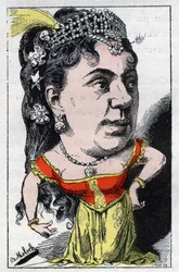 Ritratto di Emma Valladon detta Theresa (1837-1913) cantante di cabaret francese in "Le Trombinoscope" di Touchatout, caricatura di B. Moloch del 1882. Collezione privata.