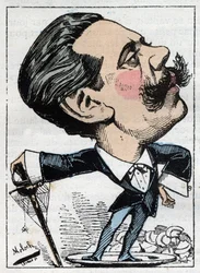 Ritratto di Paul Granier de Cassagnac (1842-1902), giornalista politico francese in "Le Trombinoscope" di Touchatout, caricatura di B. Moloch del 1882. Collezione privata.