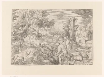Paesaggio con pastore e gregge di pecore