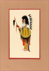 Guerriero Cheyenne con copricapo di piume e scudo