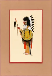 Guerriero Cheyenne con copricapo di piume e scudo