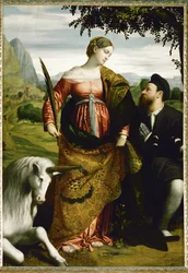 Santa Giustina adorata da un donatore, a destra un unicorno (olio su legno di pioppo)