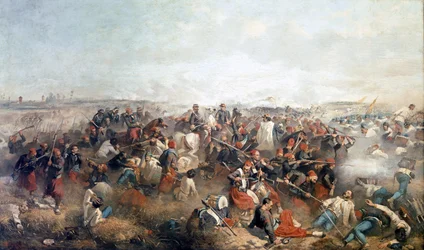 Battaglia di Palestro: gli zuavi. Al centro Vittorio Emanuele II