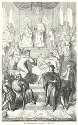 Il Sangerkrieg, una gara tra menestrelli al castello di Wartburg in Turingia nel 1207 (incisione)