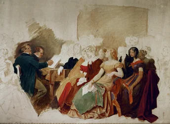 Una serata dal barone Spaun, Schubert al pianoforte, il tenore Johann Michael Vogl accanto a lui... (acquerello)