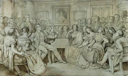 Una serata dal barone Spaun, Schubert al pianoforte, il tenore Johann Michael Vogl che canta ... (inchiostro, seppia)