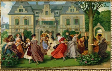 Giochi di società, un maniero sullo sfondo ... (pittura a olio)