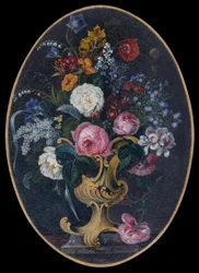 Rose, lavanda, papaveri e fiori in un vaso rococò