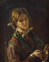 Una donna che lavora a maglia (olio su tela)