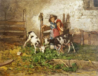 Bambini e Capre in un Fienile