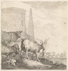 Capre e mucche presso una torre rotonda con un obelisco (Animali quadrupedi, titolo della serie)