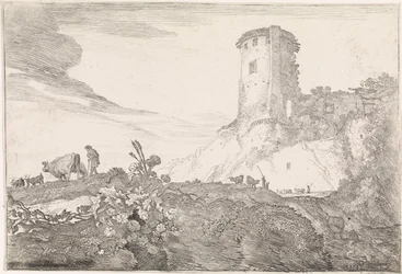 Paesaggio con torre rotonda