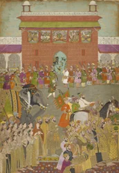 Scena di Processione con Musicisti, da una copia del Padshanama, periodo Mughal, metà del XVII secolo