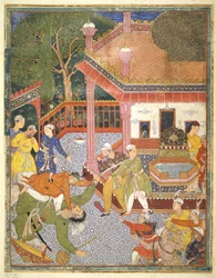 Un eroe uccide un gigante davanti a una folla di spettatori in un cortile, illustrazione dall