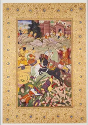 Scena di battaglia: I Pandava guidati da Krishna
contro i Kaurava guidati da Bhishma, fine del 16° secolo.
secolo (dipinto)