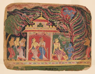 Krishna sconfigge Trinavarta, il turbine demoniaco, da un Bhagavata Purana (Libro del Signore), scuola pre-Mughal (dipinto)