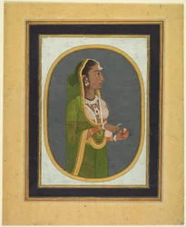 Dama di corte che versa il vino, 1760 circa; bordi 1830 circa (acquerello opaco, inchiostro e oro su carta)