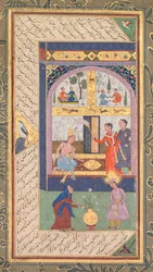 Zulaykha nel suo palazzo e come anziana donna con Joseph, da un Panj Ganj, Cinque tesori..., 1603-1