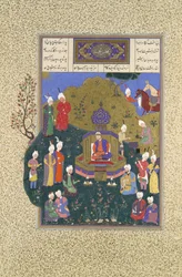 Buzurjmihr appare alla quinta assemblea di Nushirvan, Folio 622r dallo Shahnama..., ca. 1530-35