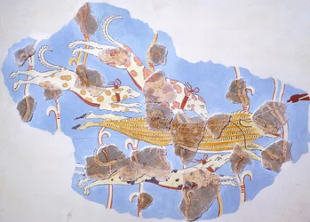 Scena di caccia, affresco dal palazzo di Tirinto, Grecia, civiltà micenea