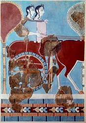 Arte micenea: coppia su un carro. Frammento di affresco dal palazzo di Tirinto e ricostruzione