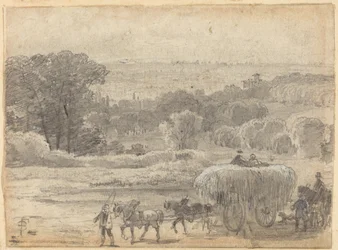 Paesaggio serale con un carro di fieno