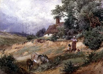 Bambini e asini vicino a un cottage nella brughiera