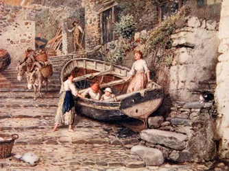 Veduta di Clovelly, con barca arenata e figure, 1882