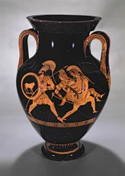 Anfora a figure rosse attica raffigurante il rapimento di Antiope con Teseo e Piritoo, c.500-490 a.C.