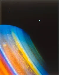 Saturno e la sua luna Dione, visti dalla sonda Voyager 2