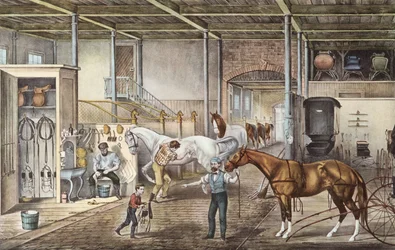 Modello di scuderia dove i ragazzi e i palafrenieri si prendono realmente cura dei cavalli, incisione dal libro "America" di Currier e Yves 1870